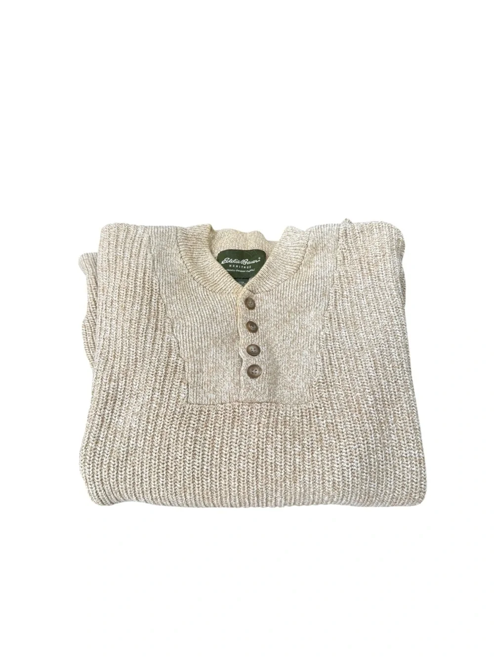 Eddie Bauer Men's Vintage Beige Cream Henley Knit Sweater 100% Cotton XXL